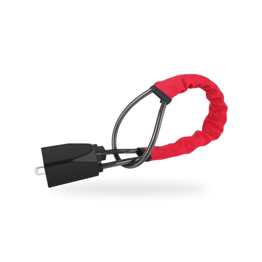 Braided steel cable steering wheel lock with a padded sleeve, seat-belt buckle end and keys on a white background