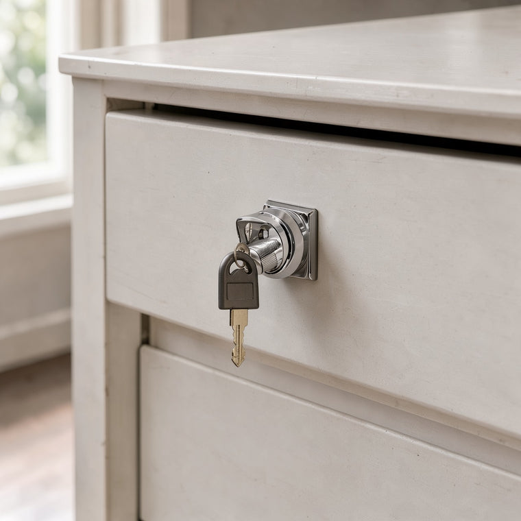 Chrome keyed cam lock with its key fitted in the top drawer of a white desk