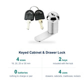 Spec card for the cabinet and drawer lock: chrome cam lock, 2 keys, cylinder lengths 16, 20, 25 and 30 mm