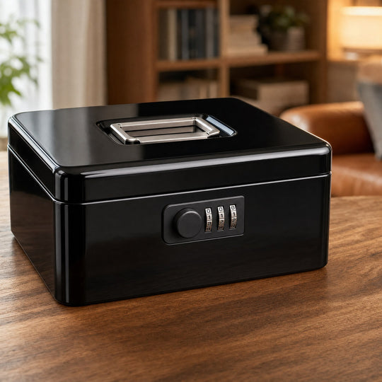 Large black steel TremShield combination cash box with a fold-flat carry handle