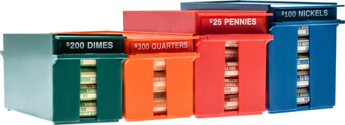 Color-coded rolled coin storage trays labeled for dimes, quarters, pennies and nickels