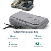 Portable Combination Safe key facts: 4 dials set your own code; 1 cable tethers it down; 0 batteries fully mechanical; 9.6 in wide, packs flat