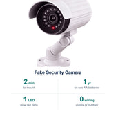 Fake Security Camera key facts: 2 min to mount; 1 yr on two AA batteries; 1 LED slow red blink; 0 wiring indoor or outdoor
