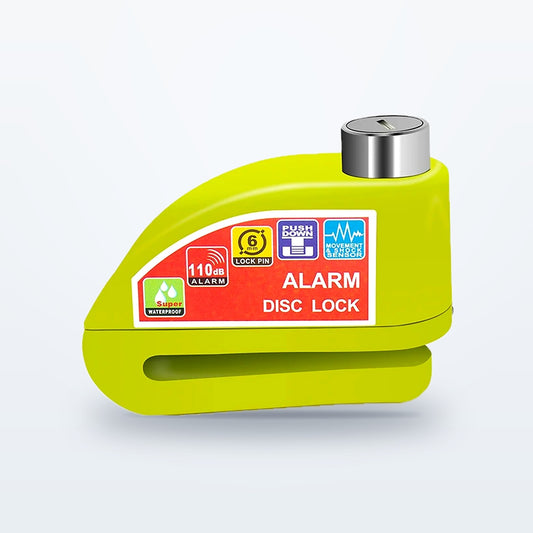 Fluorescent yellow disc lock alarm with a red 110 dB alarm label and a steel key cylinder, on a light grey background