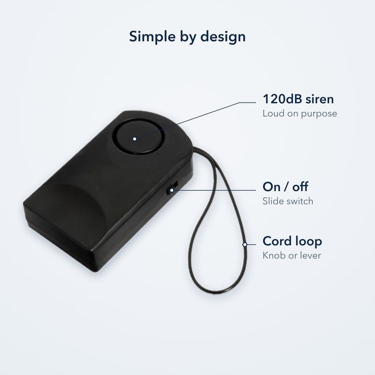 Door knob touch alarm with labels for the 120dB siren, the on/off slide switch and the cord loop