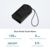 Door Knob Touch Alarm facts: 120dB siren, no tools, on/off slide switch, 3.9 inches tall
