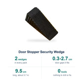 Door wedge specs: 2 wedges per pack, fits door gaps from 0.3 to 2.7 cm, 9.5 cm long (about 3.7 in)