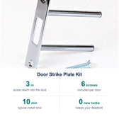 Door Strike Plate Kit key facts: 3 in screw reach into the stud; 6 screws included per door; 10 min typical install time; 0 new locks keeps your deadbolt