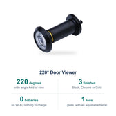 Door viewer spec card: 220° glass lens, adjustable barrel, no Wi-Fi or battery, Black, Chrome or Gold finish