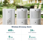 Wireless Driveway Alarm key facts: 400 ft sensor-to-receiver; 24 ft motion detection; 0 fees no wifi, no app; 2 sensors one indoor chime