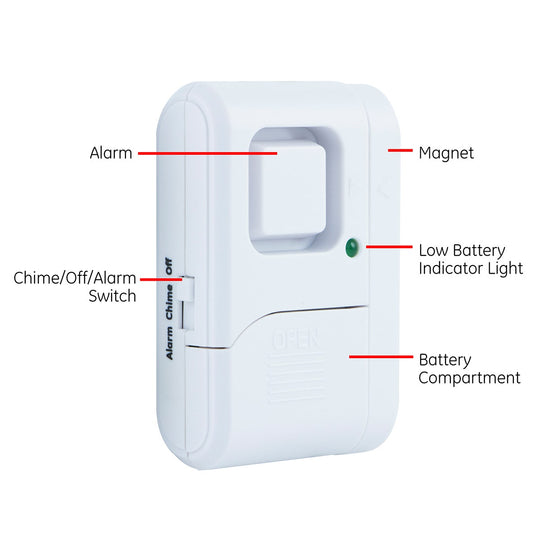 Labeled diagram of the door and window entry alarm showing the magnet, alarm switch and battery compartment