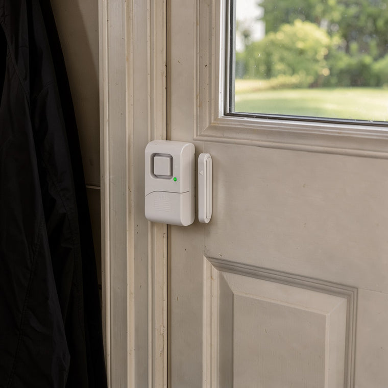 White door entry alarm stuck on a back door frame, its magnet piece on the door right beside it