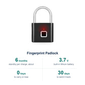 Fingerprint padlock specs: about 6 months standby per charge, 3.7 V lithium battery, USB-C charging