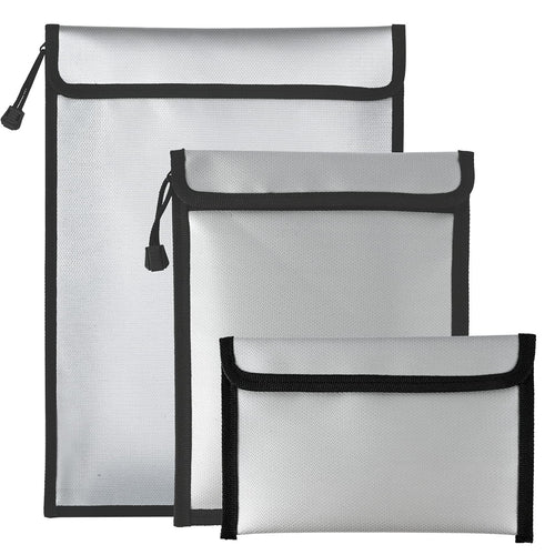 Three sizes of silver fireproof and waterproof document bags with zipper closures
