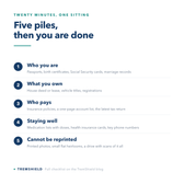 Checklist of five document piles to pack: identity, property, insurance and accounts, health, and items you cannot reprint