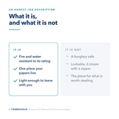 What the fireproof bag is and is not: fire and water resistant to its rating and light to carry, not a lockable burglary safe