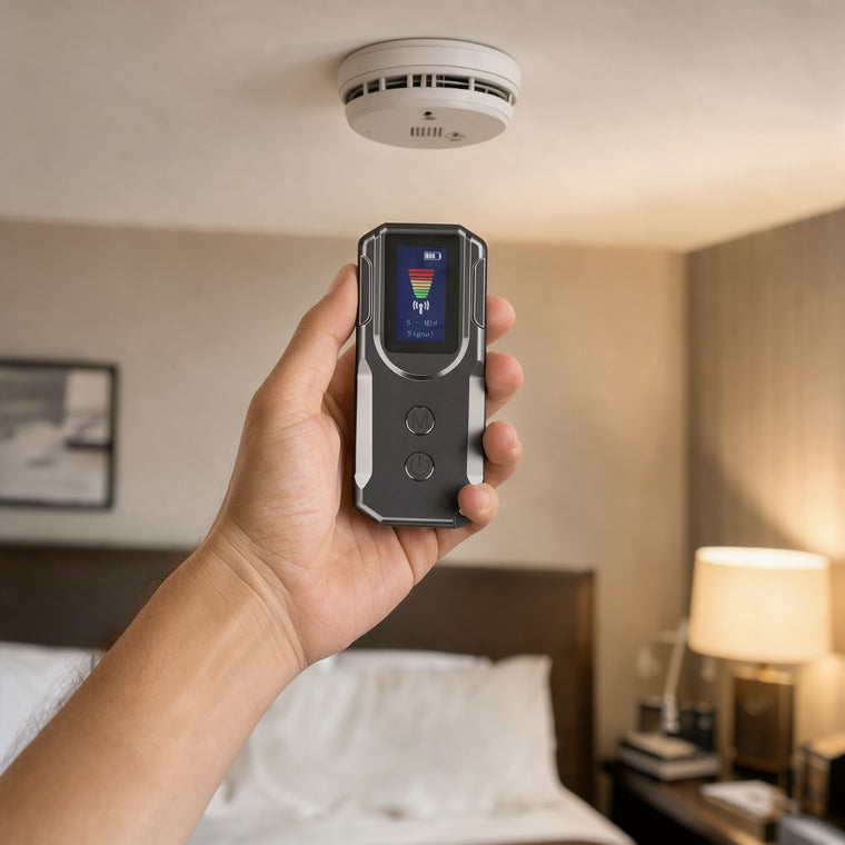 Hand holding a hidden camera detector toward a smoke detector on a hotel room ceiling