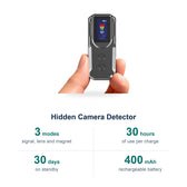 Hidden camera detector spec card: RF signal, infrared lens and magnetic modes, 400 mAh battery, 30 h use, 30 days standby