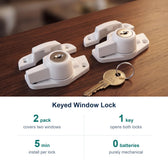 Keyed Window Lock key facts: 2 pack covers two windows; 1 key opens both locks; 5 min install per lock; 0 batteries purely mechanical