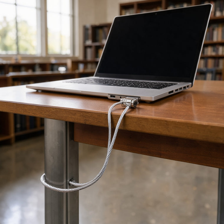 Laptop cable lock plugged into a laptop on a library desk, its steel cable looped round the desk leg