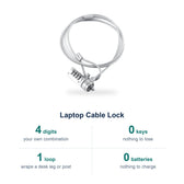 Laptop cable lock spec card: 4-digit combination, steel cable with loop, fits the standard security slot, no key
