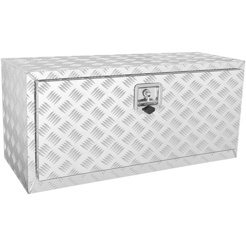 Silver diamond-plate aluminum lockable storage trunk with front locking latch