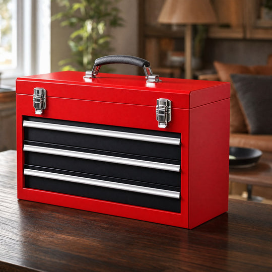 Red steel TremShield locking drawer chest with three drawers and chrome latches