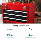 Locking Drawer Chest key facts: 4 drawers all lock at once; 1 key secures the chest; 20.5 in portable steel body; 4 liners one padded per drawer