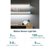 Light bar spec card: 2 bars, 120° motion sensor, 3 to 5 m reach, USB-C rechargeable, auto, on and off modes