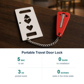 Portable Travel Door Lock key facts: 5 sec to set; 0 tools no installation; 3 oz pocket-sized; 0 screws rests in the strike plate