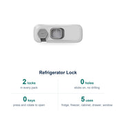 Refrigerator lock spec card: 2-pack, adhesive pads, no drilling, press the slide button and rotate to open