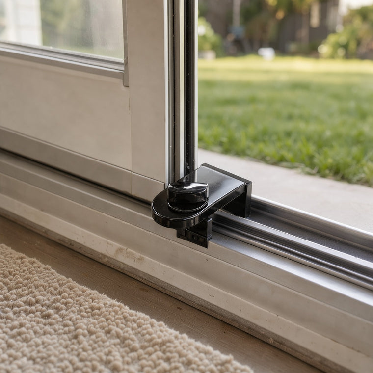 Black no-drill lock clamped on the bottom track of a white sliding patio door, holding it open a few inches