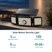 Solar Motion Security Light key facts: 3 head adjustable beams; 120 ° motion coverage; 0 wires fully solar; 15-20 ft motion range