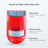 Solar siren front with labels pointing to the solar panel, the motion sensor and the red strobe