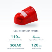 Key facts: 110 dB siren with a red strobe, 4 modes, solar charging, 120 mm tall by 69 mm wide