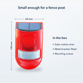Solar siren with size lines, 69 mm wide and 120 mm tall, next to a list of what is in the box
