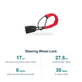 Steering wheel lock specs: loop adjusts up to about 17 in, about 27.5 in overall, clicks into the seat belt