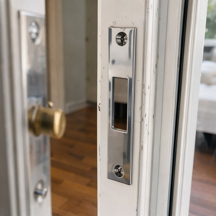 Chrome strike plate screwed flush on a white front door jamb, the open door's deadbolt beside it