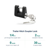 Trailer hitch lock specs: 1/4 in pin through the coupler latch, 2 keys included, no tools needed