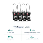 Luggage lock spec card: 4-pack, TSA-accepted, 4-digit code from 0-0-0-0, about 0.1 lb, fits holes 3 mm and up