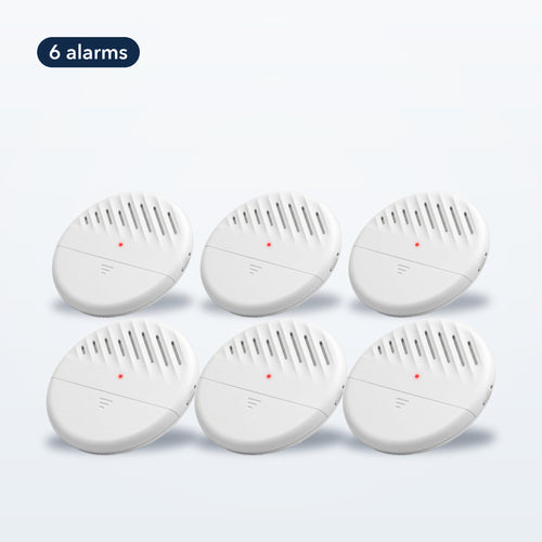 Six white TremShield vibration alarms arranged in two rows, the TremShield 6-Pack