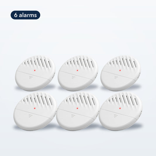 Six white TremShield vibration alarms arranged in two rows, the TremShield 6-Pack