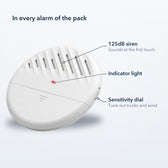 White TremShield vibration alarm with the 125dB siren, indicator light and sensitivity dial labeled
