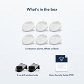 6-Pack contents: six vibration alarms, two no-drill window locks and the Home Security Guide PDF