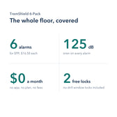 6-Pack key facts: 6 alarms for $99, 125dB siren, $0 a month, 2 free no-drill window locks