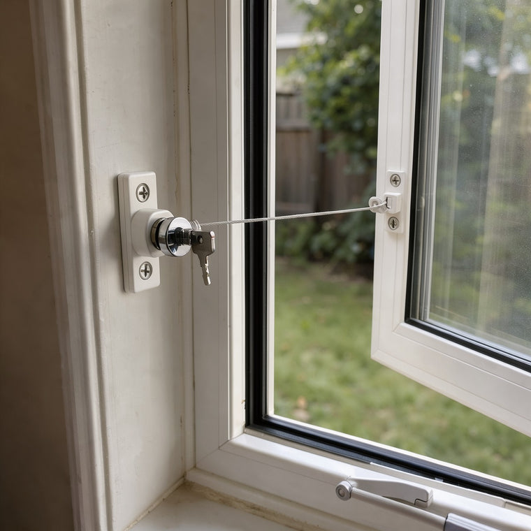 White window restrictor with a chrome key lock, its steel cable holding a white casement window open a few inches