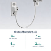 Window Restrictor Lock key facts: 4 in safe vent gap; 1 key full release; 5 min to fit; 2 styles casement and sash