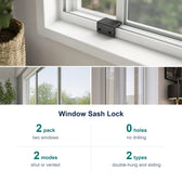 Window Sash Lock key facts: 2 pack two windows; 0 holes no drilling; 2 modes shut or vented; 2 types double-hung and sliding