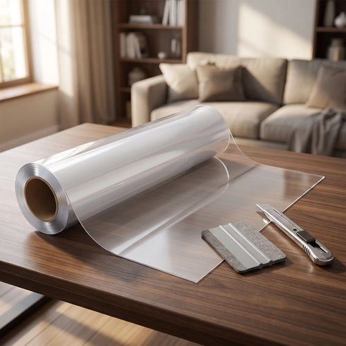 Roll of clear TremShield anti-shatter window security film with a squeegee and knife