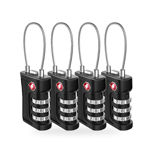 Four black TSA-accepted combination luggage locks with flexible steel cable shackles on a white background